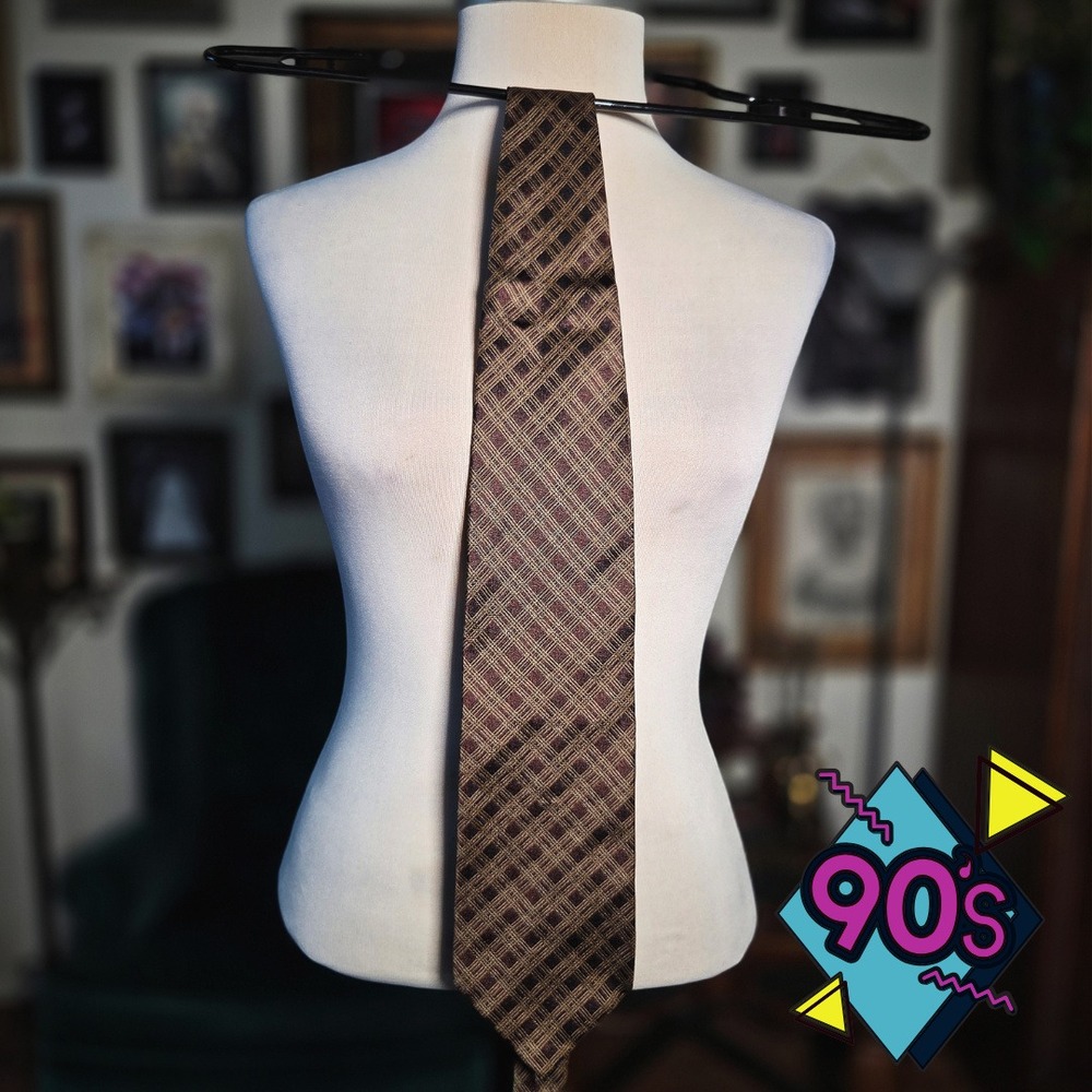 Structure Silk Tie Vintage 90s Brown Geometric Plaid Necktie Made in USA NOS